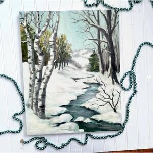 Vintage Winter Landscape Painting Wintry Snow Signed Stretched Canvas Unframed